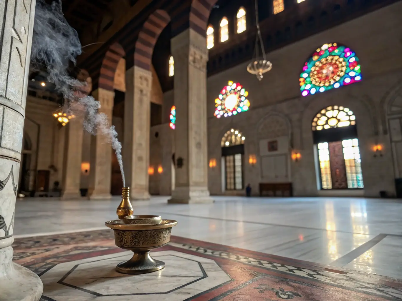 A serene image of 'Musk Al Haram' incense burning in a mosque setting, with soft light filtering through stained glass windows. The scene conveys a sense of reverence and spiritual focus.