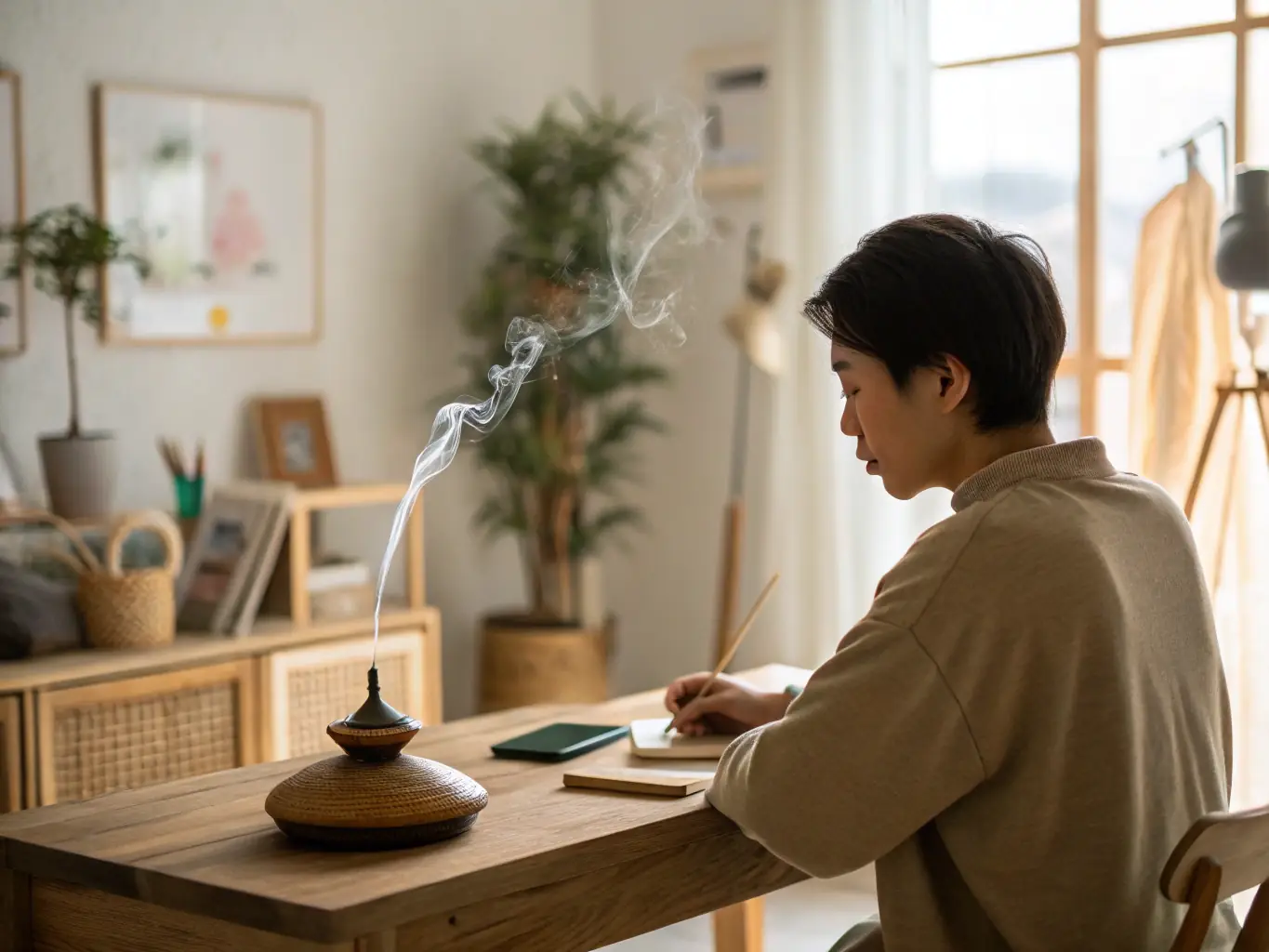 A focused individual working at a desk, surrounded by the gentle aroma of Noor Essence incense, enhancing concentration and mental clarity for improved productivity.