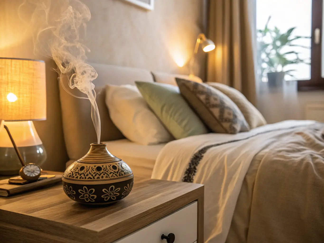 A serene bedroom scene with soft lighting, featuring a Noor Essence incense burner on a bedside table, emitting a calming fragrance that promotes restful sleep.