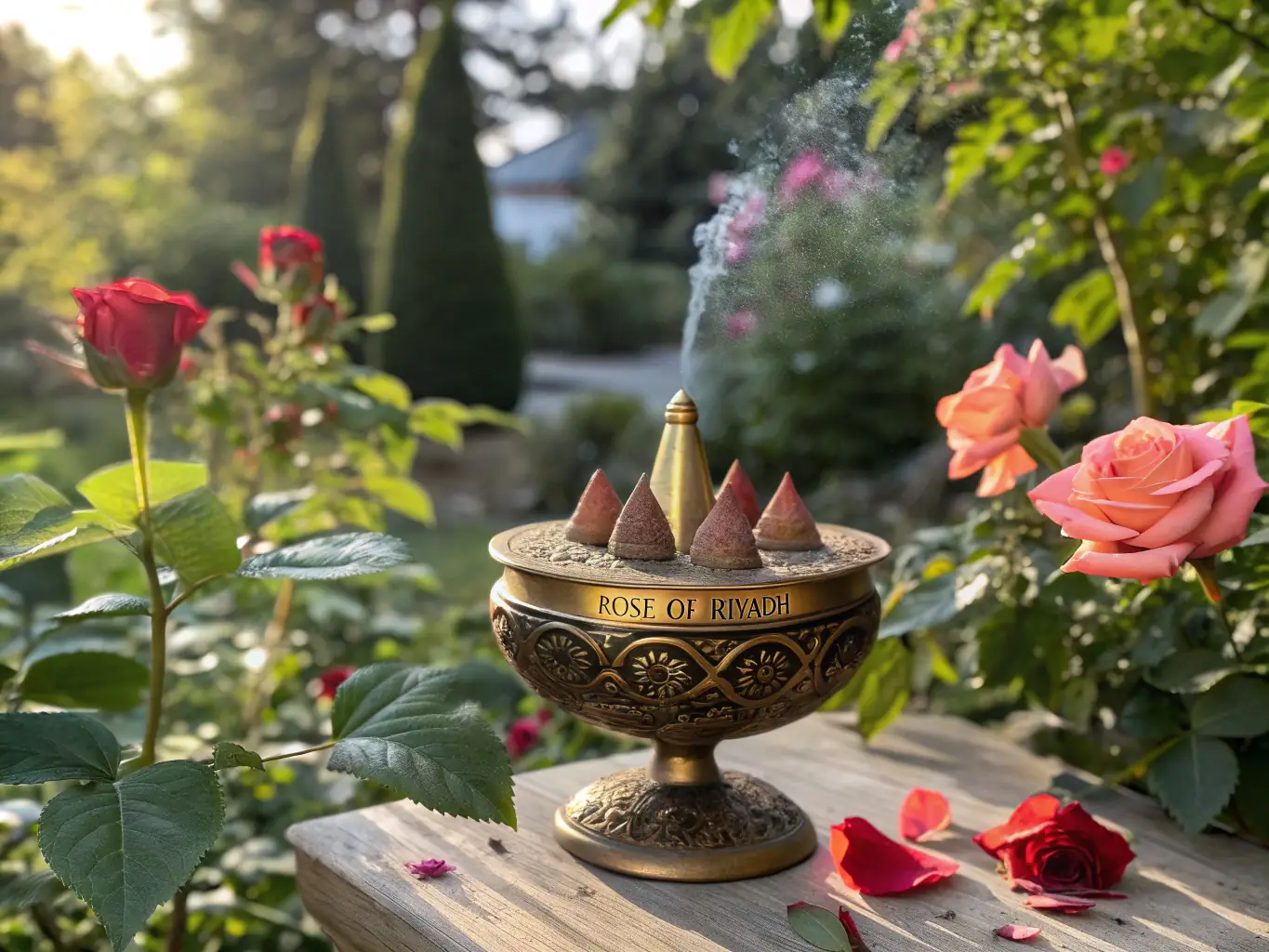 Image of 'Rose of Riyadh' incense cones displayed on a traditional Arabian incense burner. The background includes a glimpse of a lush garden with blooming roses, symbolizing beauty and serenity.