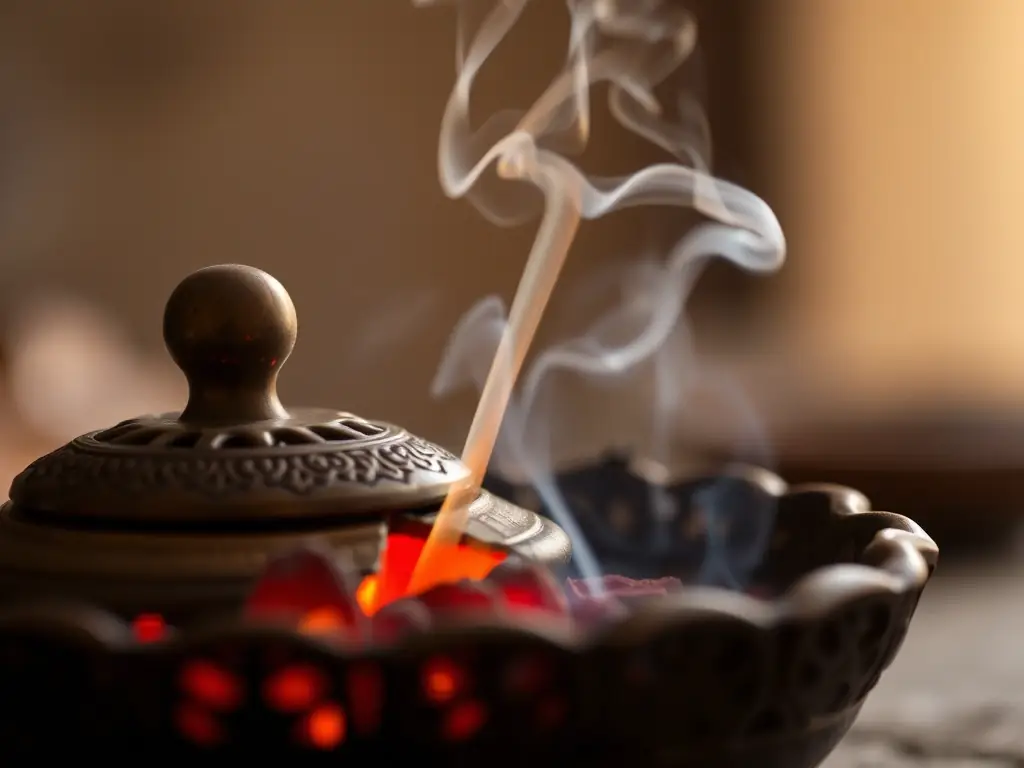 A close-up shot of burning Bukhoor incense, with smoke gently rising, set against a backdrop of a traditional Arabian incense burner. The focus is on the glowing embers and the fragrant smoke.