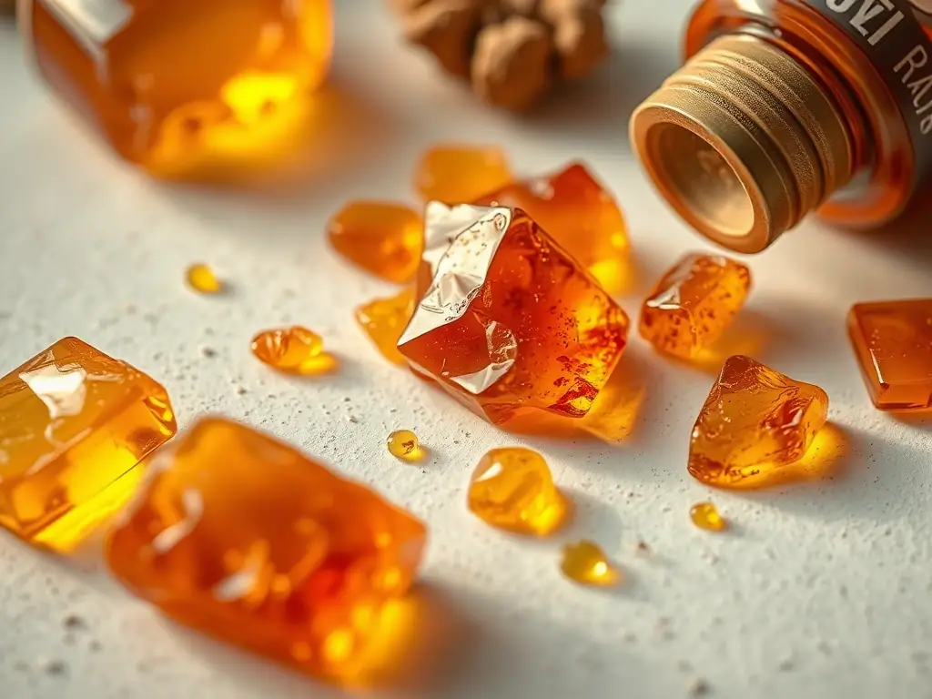 A visually appealing image of the 'Amber Focus' incense blend, highlighting the warm, golden hues of the amber resin and other ingredients. The image should suggest clarity and concentration, fitting for the Noor Essence website.
