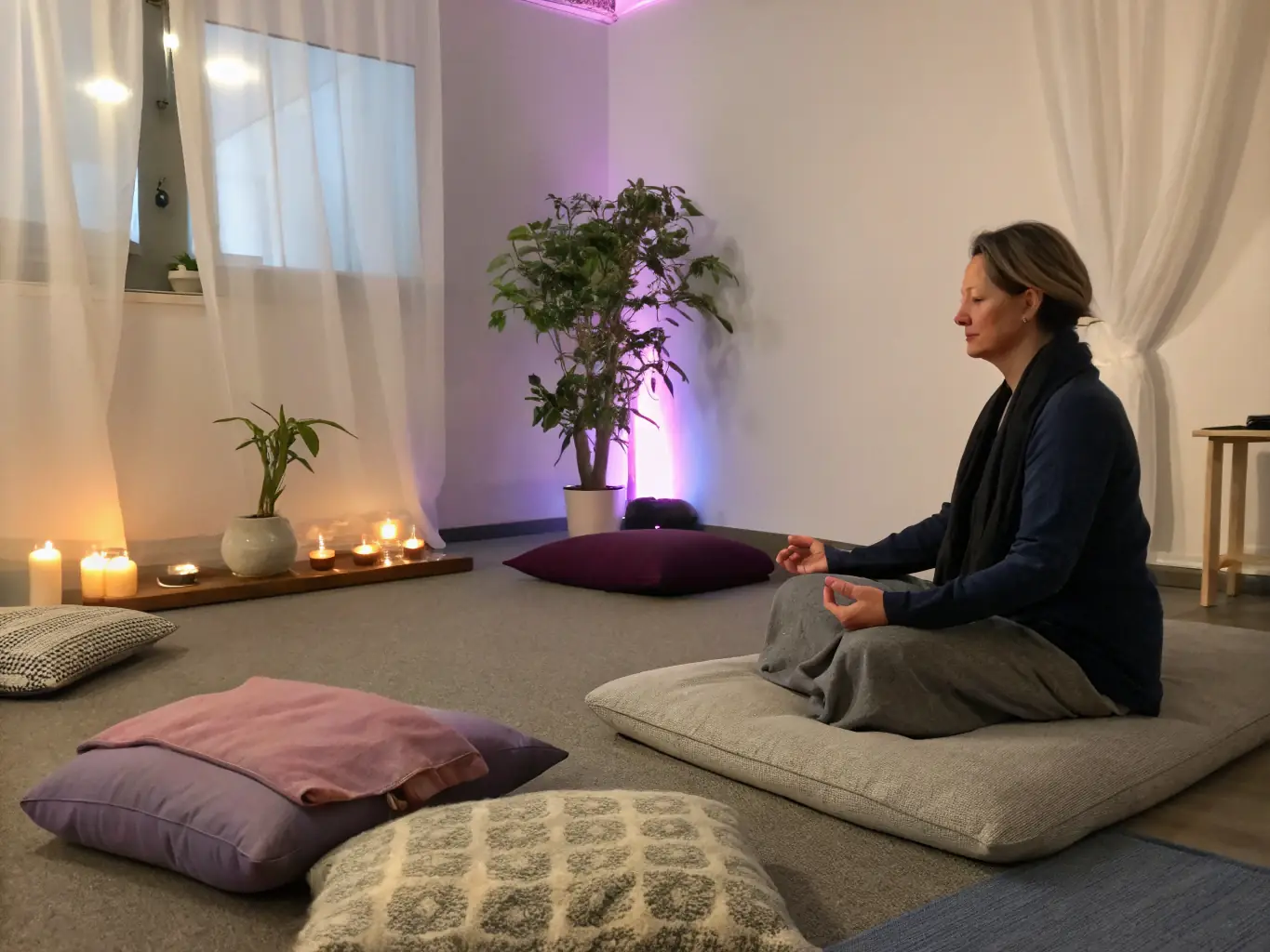 A person meditating in a dimly lit room, with soft light illuminating the rising smoke from a Noor Essence incense stick, creating a peaceful and contemplative atmosphere.