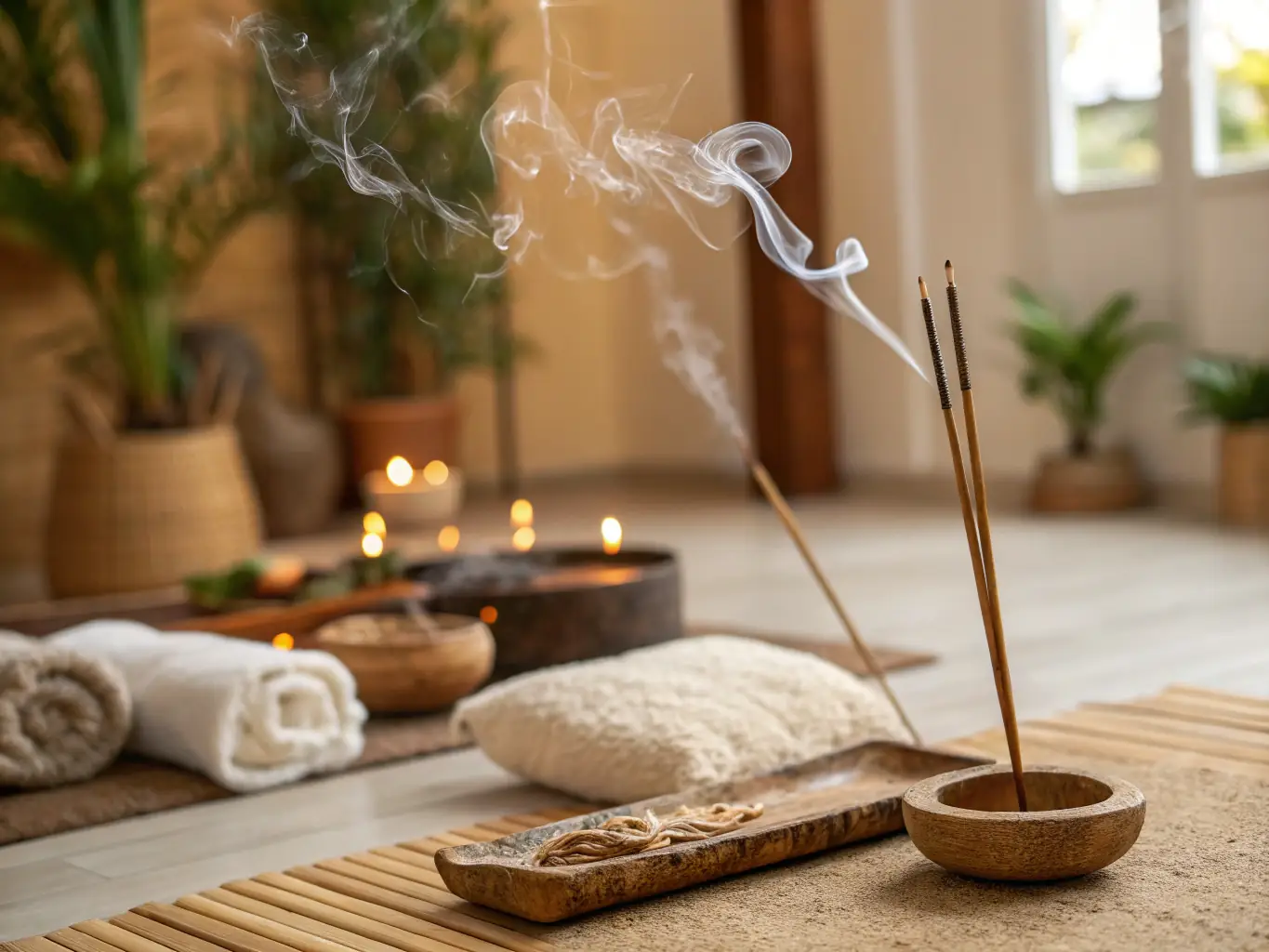 A serene image of Oud incense sticks burning in a minimalist holder, placed on a wooden table next to prayer beads. The lighting is soft and diffused, emphasizing the calming nature of the scene.