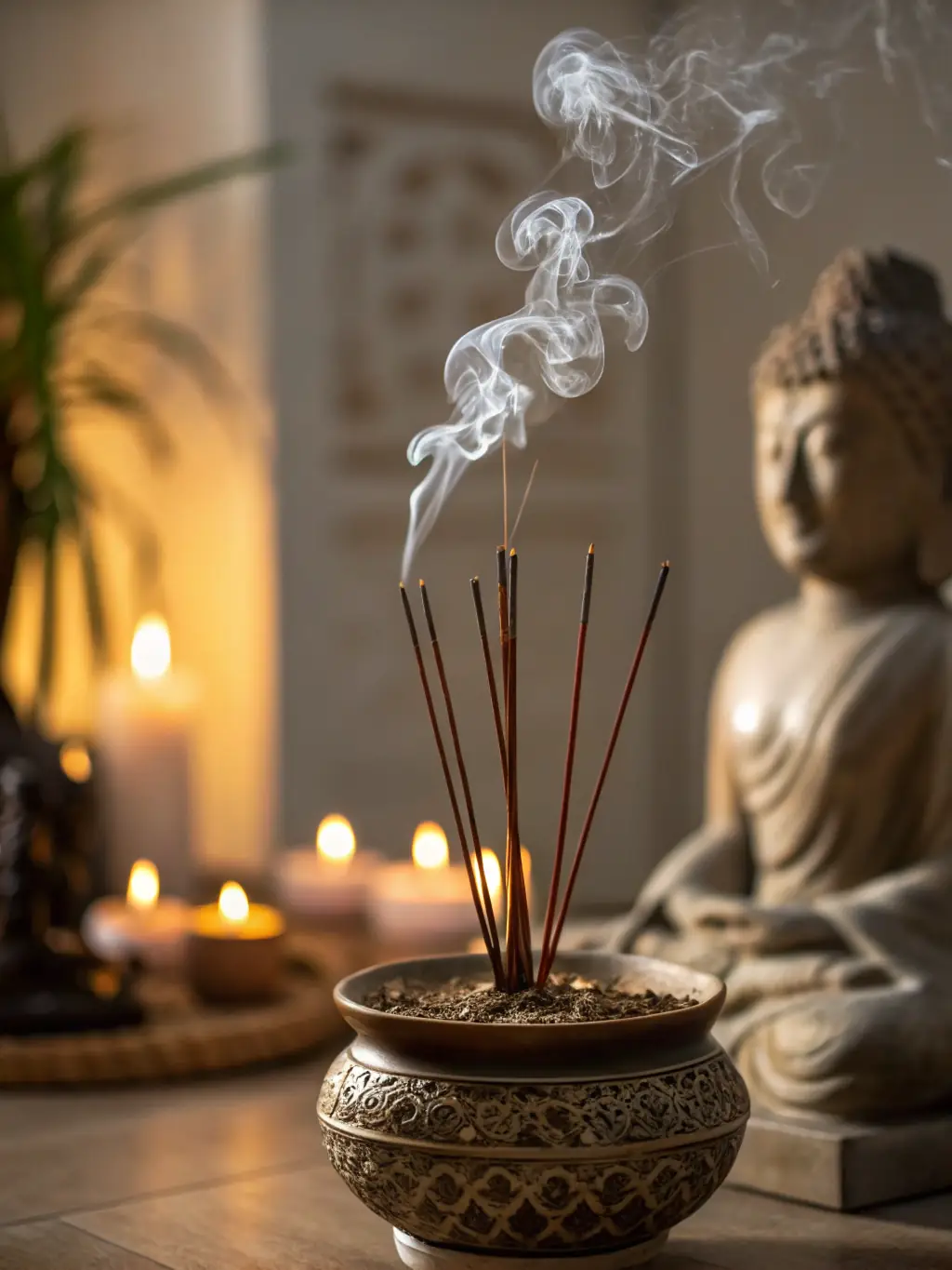 A close-up shot of incense smoke gently rising, creating a calming and serene atmosphere, symbolizing relaxation and peace of mind.