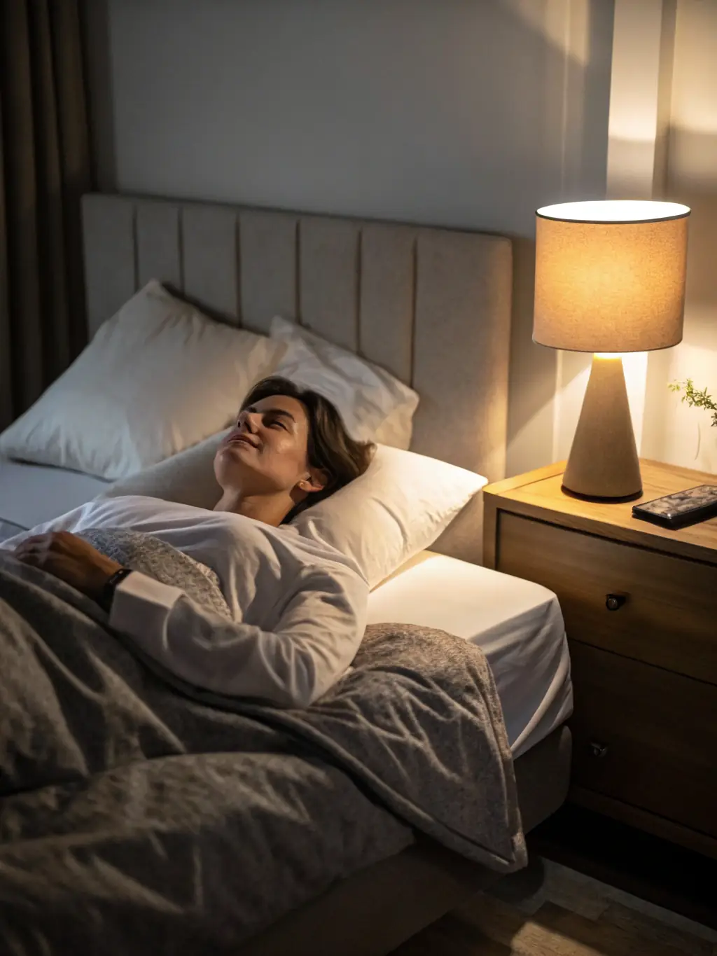 A dimly lit bedroom with incense burning, creating a soothing ambiance conducive to better sleep and rest.